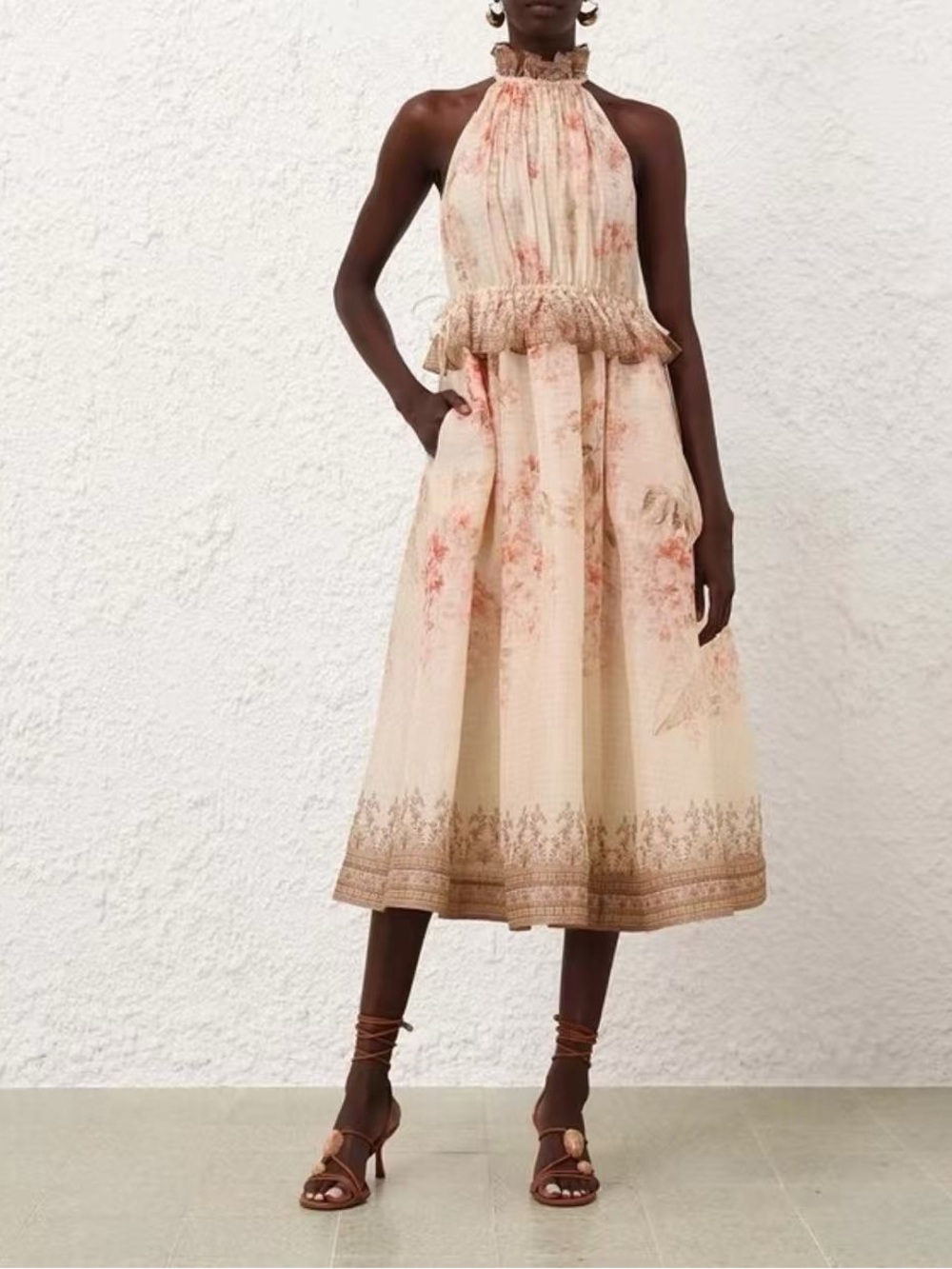 Zimmermann Floral Halter Midi Dress in Cream and Blush size 0